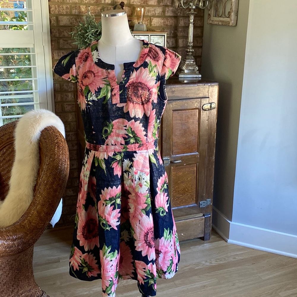 MODCLOTH FLORAL METALLIC CAP SLEEVE DRESS 14 EXCELLENT